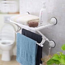Bathroom Shower Storage Shelf White Plastic Towel Holder Rack Hooks Wall Suction