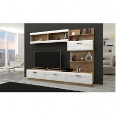 Living Wall Unit AXEL WHDL01 White gloss MDF Front / Body OAK LEFKAS Laminate