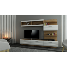 Living Wall Unit AXEL WHDL01 White gloss MDF Front / Body OAK LEFKAS Laminate