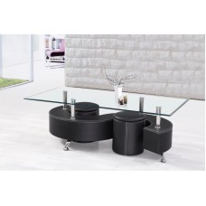 COFFEE TABLE GLASS BLACK CONTEMPORARY STYLE WITH 2 STOOLS